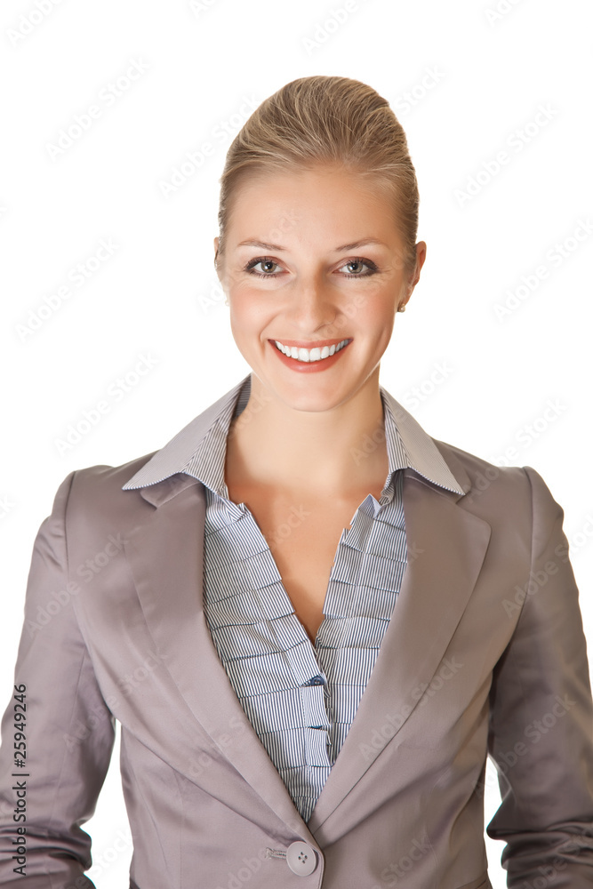 Caucasian blond businesswoman in suit on white isolated backgrou Caucasian blond businesswoman in suit on white isolated backgrou