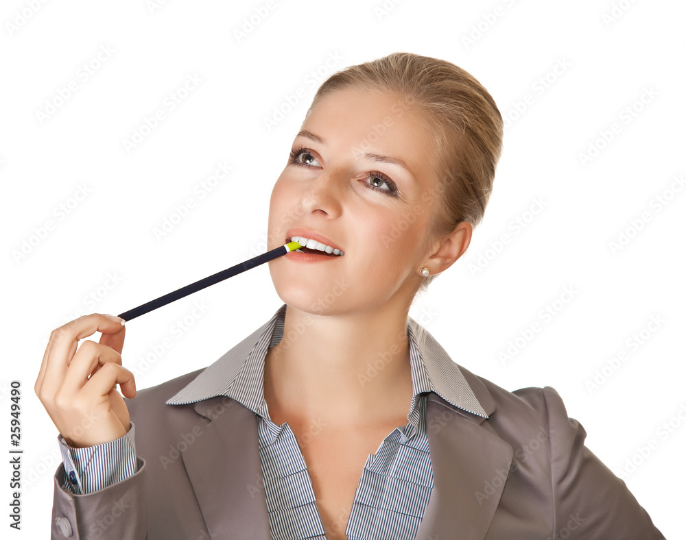 Caucasian blond businesswoman in suit with pencil on white isola Caucasian blond businesswoman in suit with pencil on white isola