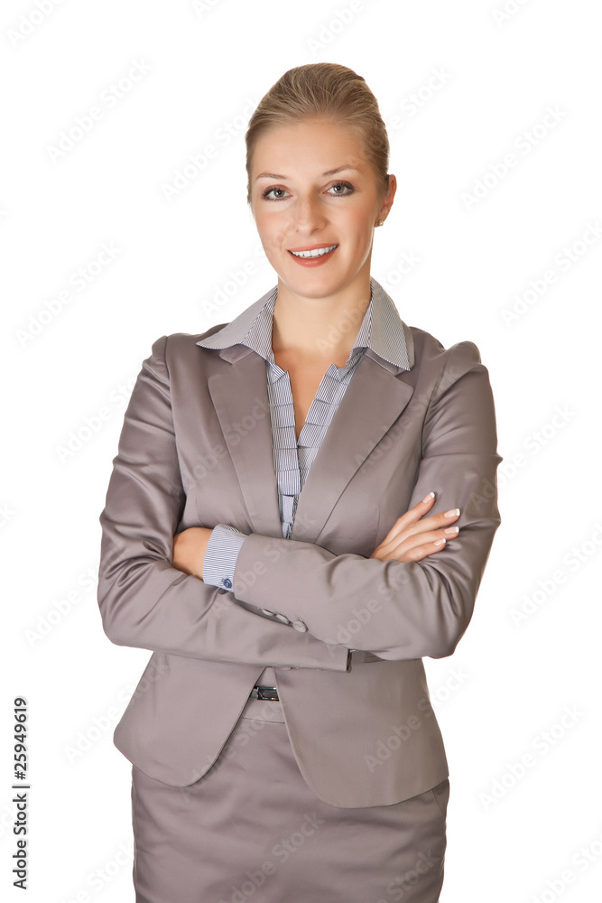 Caucasian blond businesswoman in suit on white isolated backgrou Caucasian blond businesswoman in suit on white isolated backgrou
