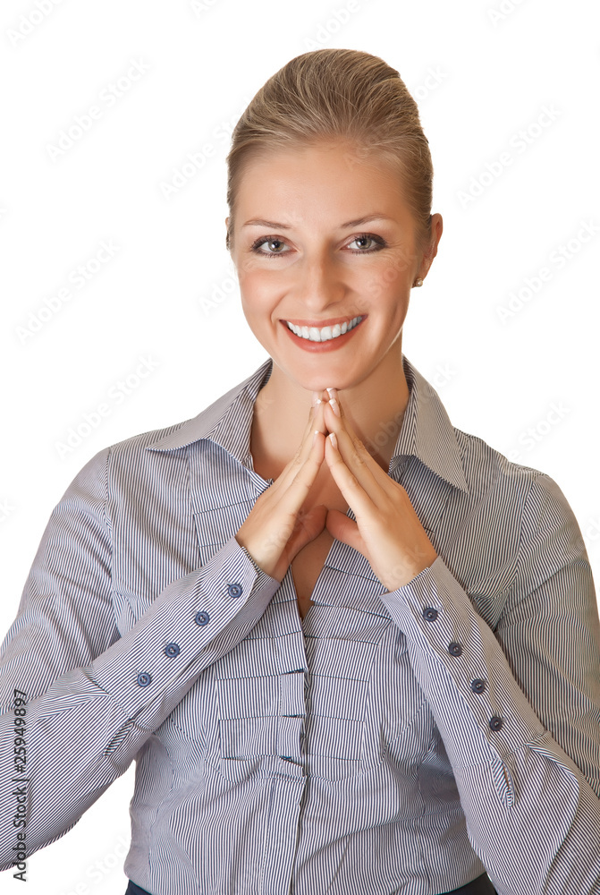 Caucasian blond businesswoman in suit on white isolated backgro Caucasian blond businesswoman in suit on white isolated backgro