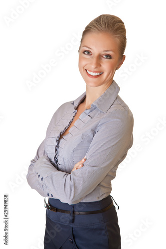 Caucasian blond businesswoman in suit  on white isolated backgro
