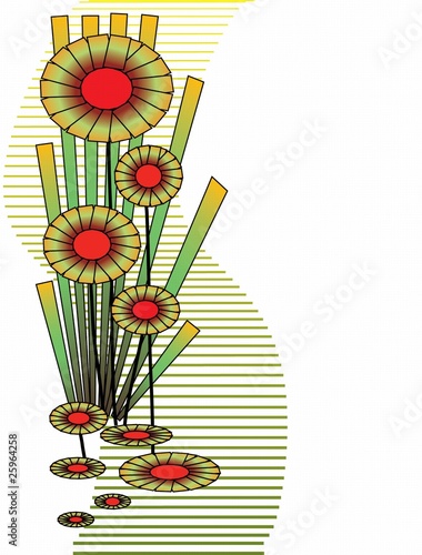 Abstract flowers and reed grass on white background