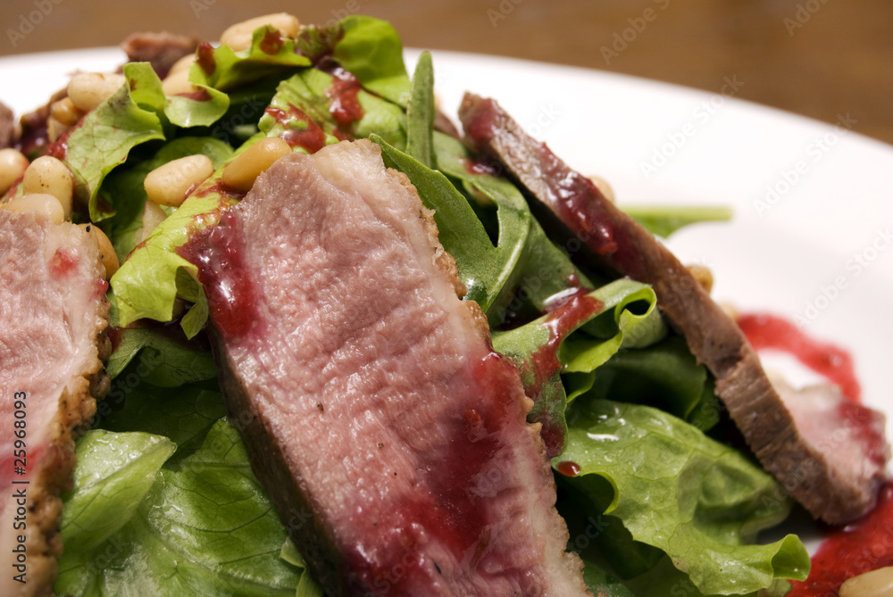 Meat with salad served on the white round plate Meat with salad served on the white round plate
