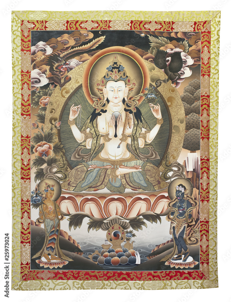 Obraz premium Inner part (cut out) of Tibetan thangka with Chenrezig