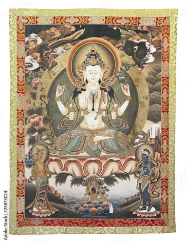 Inner part (cut out) of Tibetan thangka with Chenrezig