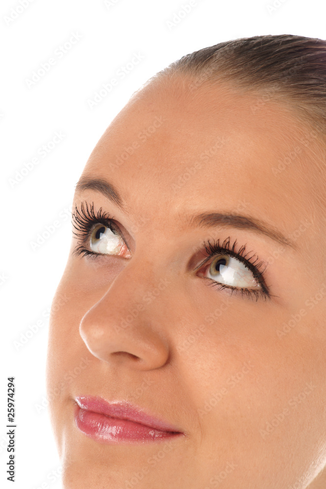 Close up portrait of female which looking up Close up portrait of female which looking up
