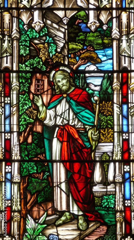 Nineteenth century church stained glass window Jesus with staff