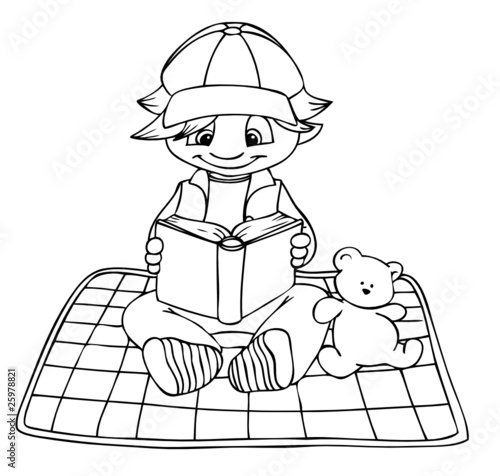 Junge, lesen, Buch, Decke, Stofftier, Geschichte