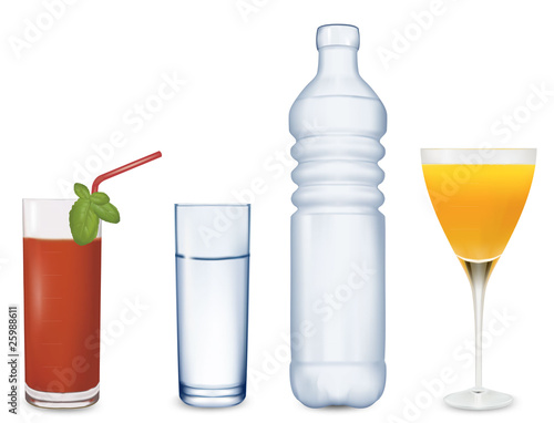 Two glasses of juice and some water. Vector.