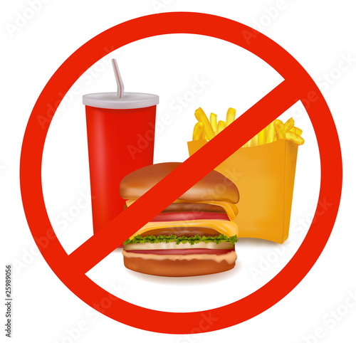 Photo-realistic vector. Fast food danger label (colored).