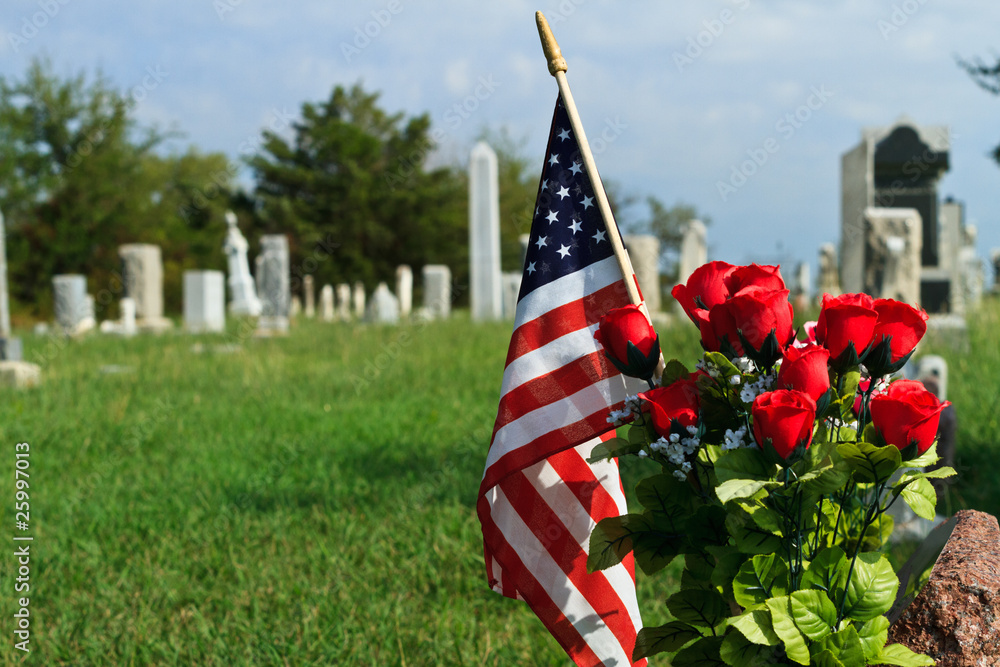 American Flag and in old graveyard Stock Photo | Adobe Stock