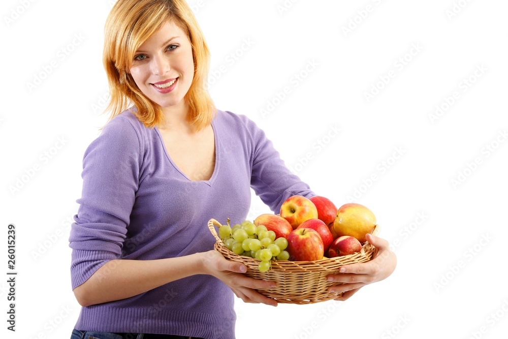 beautiful woman with a fruit basket (white background) beautiful woman with a fruit basket (white background)