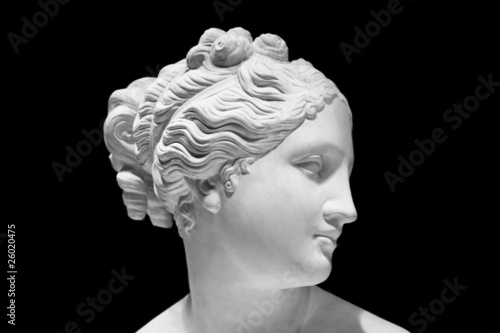 Murais de parede Classic white bust of Greek goddess isolated on black