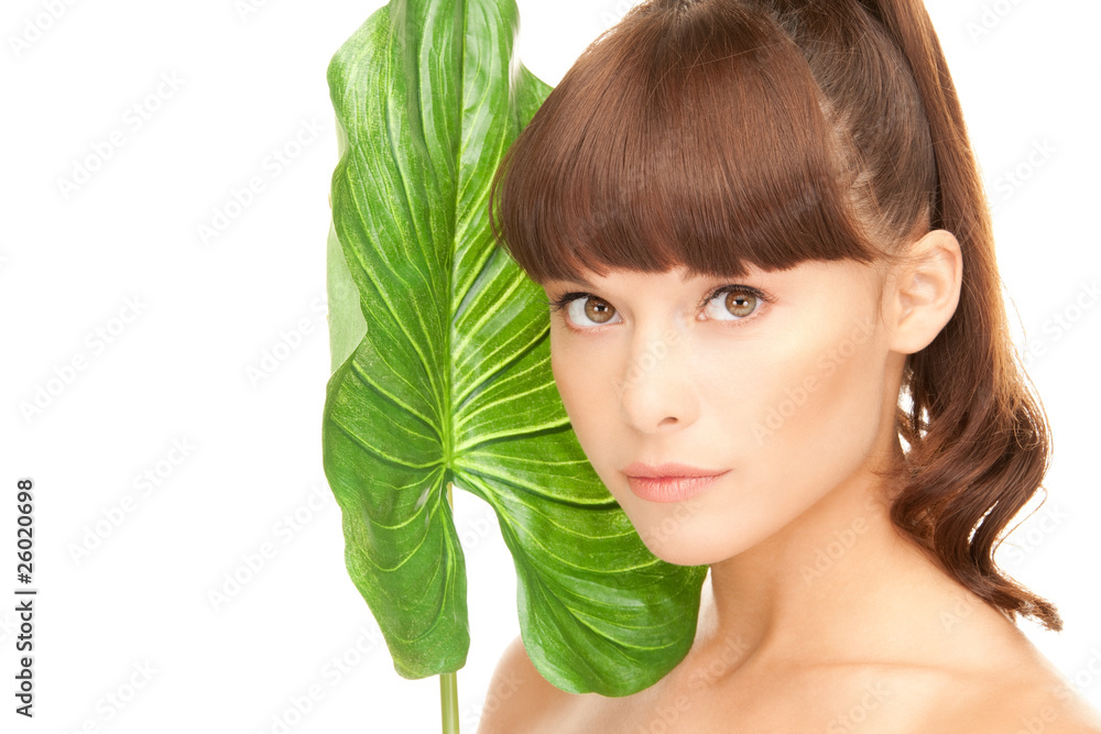 woman with green leaf woman with green leaf