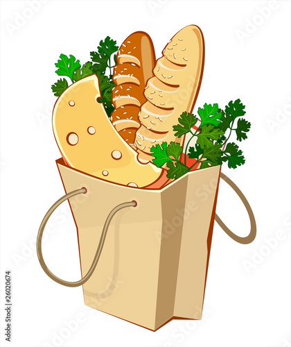 Paper bags with bread, cheese and greengrocery