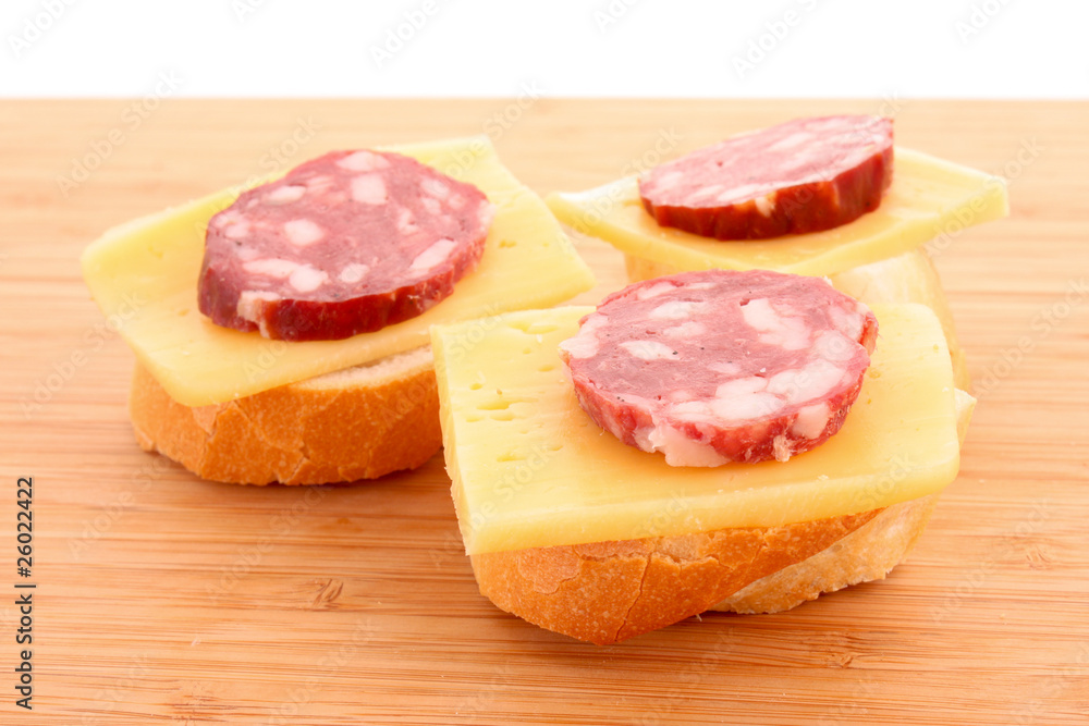 Sandwiches with sausage, cheese and bread Sandwiches with sausage, cheese and bread