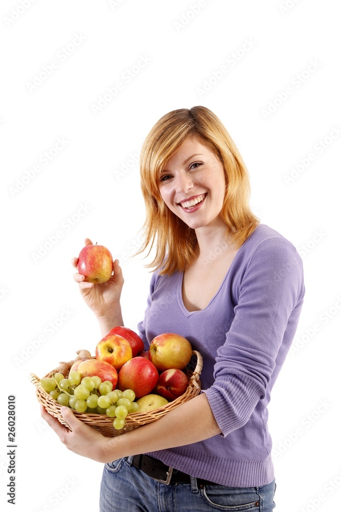 beautiful woman with a fruit basket (white background) beautiful woman with a fruit basket (white background)
