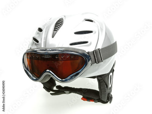 ski helmet and goggles isolated on white background