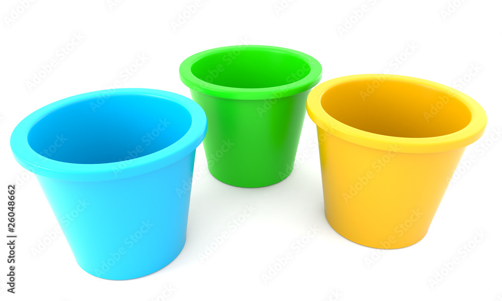 Three color flower pots isolated on white background Three color flower pots isolated on white background