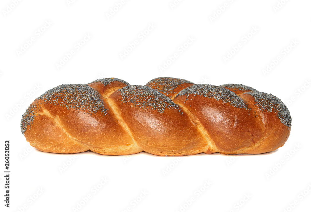 Challah with blue poppy seeds isolated on white Challah with blue poppy seeds isolated on white