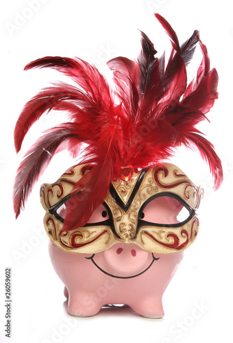 Piggy bank wearing party masquerade mask