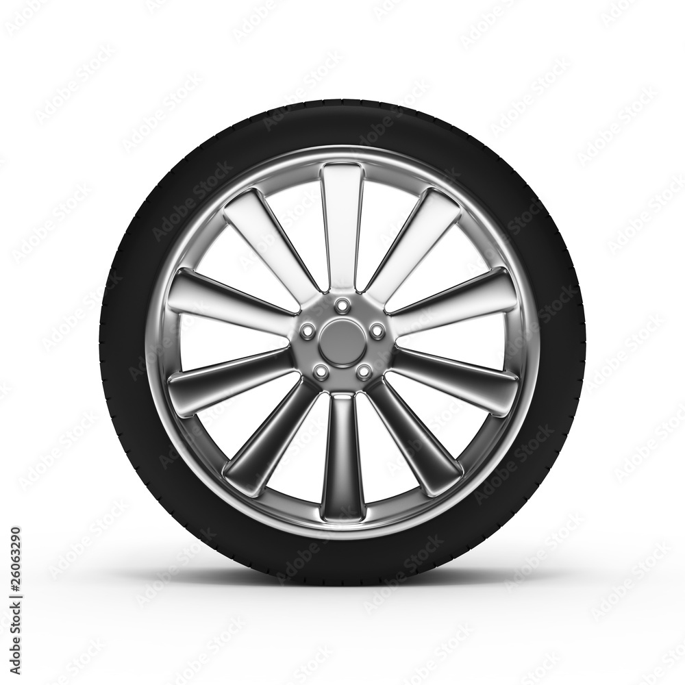 Aluminum wheel with tires isolated on white background