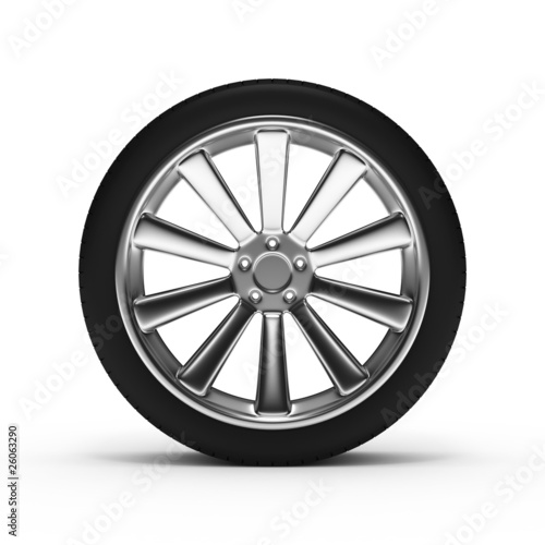 Aluminum wheel with tires isolated on white background