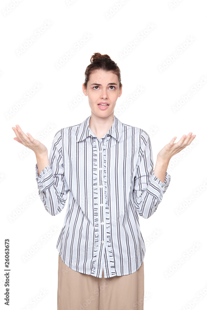 Disbelief - Caucasian woman looking up with arms raised Disbelief - Caucasian woman looking up with arms raised