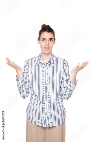 Disbelief - Caucasian woman looking up with arms raised photo