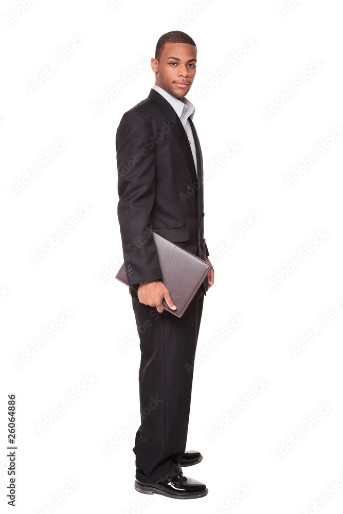 African American businessman carrying notepad African American businessman carrying notepad