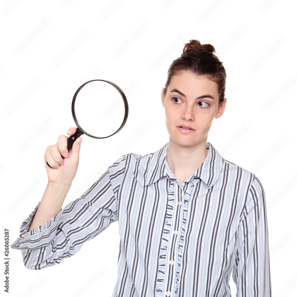 woman searching with magifying glass woman searching with magifying glass