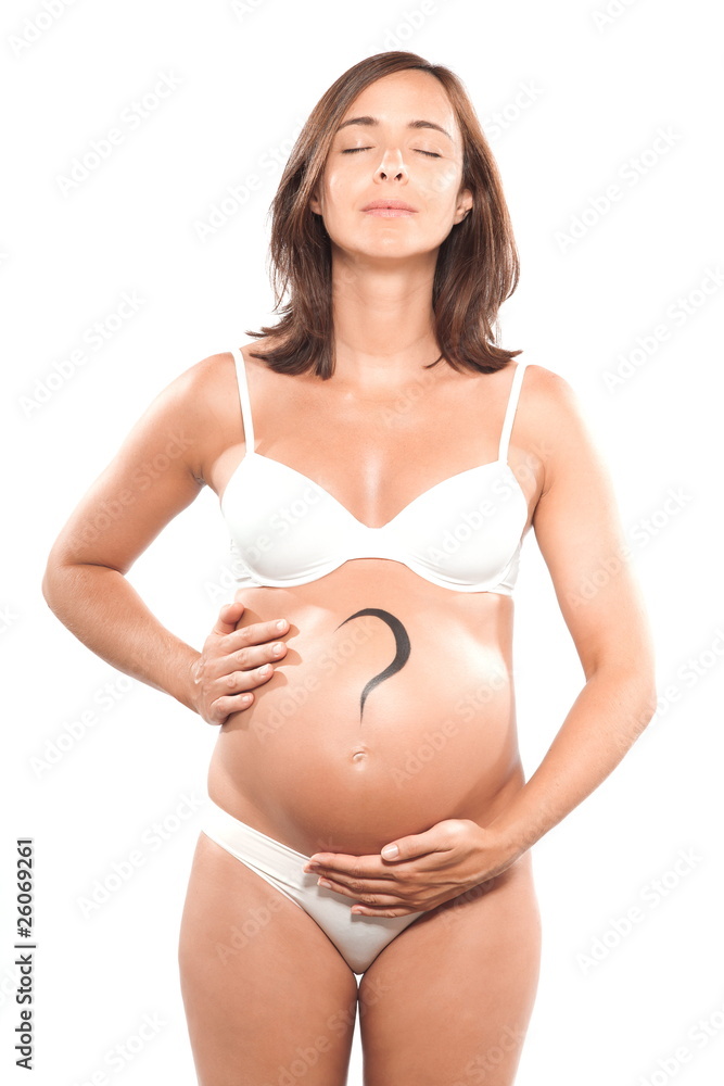 Pregnant woman with question mark on the belly Pregnant woman with question mark on the belly