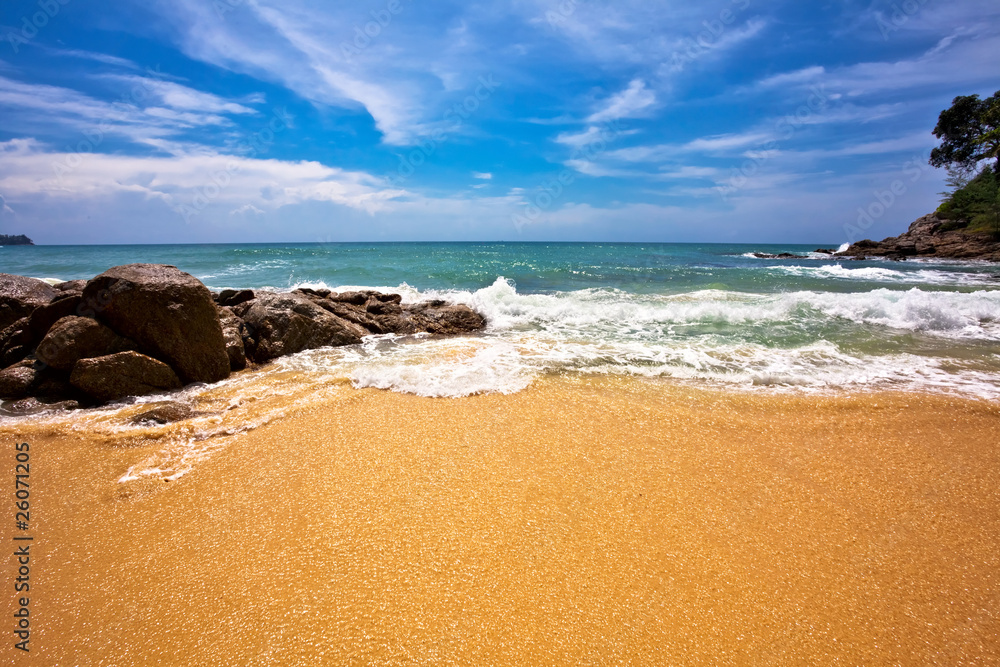 Tropical beach under blue sky. Thailand