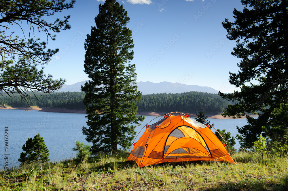 Camping Tent by the Lake - obrazy, fototapety, plakaty 