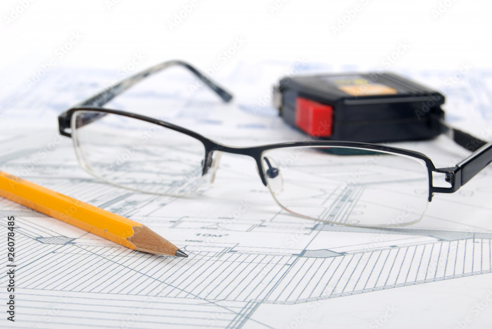 steel tape,pencil and glasses on blueprint steel tape,pencil and glasses on blueprint