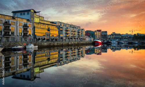 morning view on Galway Dock with boats reflected in the water, H