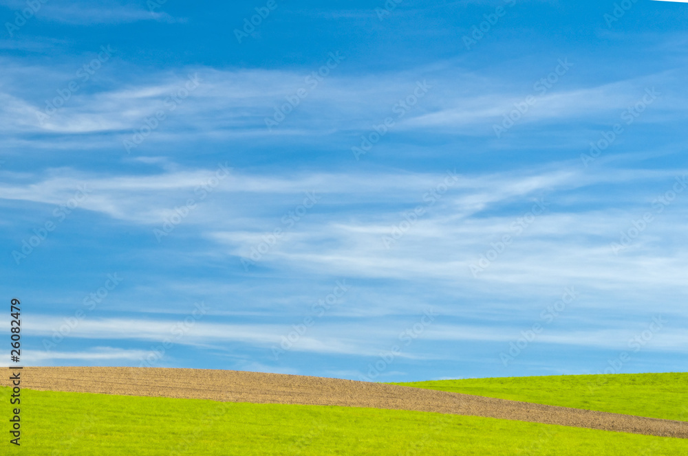 Wiese mit Acker bei blauem Himmel mit Schleierwolken