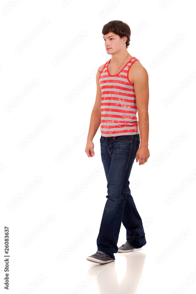 Young man in red and white striped shirt and jeans. Young man in red and white striped shirt and jeans.