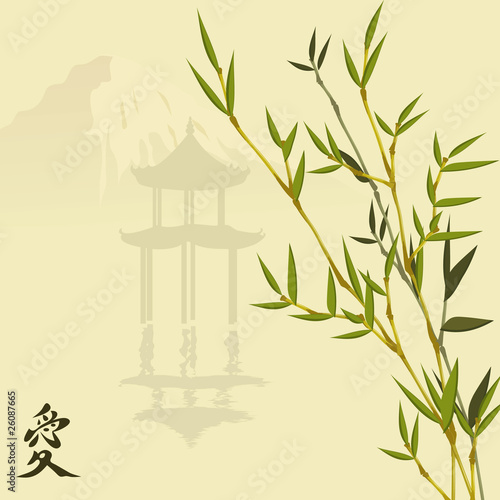 vector japanese illustration with pagoda and bamboo