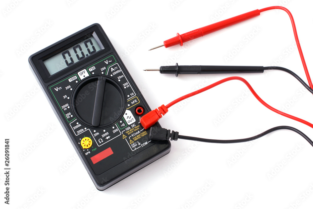 Black multimeter with two probes isolated on white background Black multimeter with two probes isolated on white background
