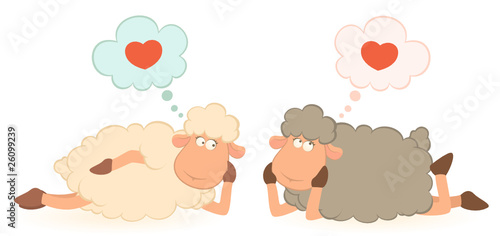 Vector illustration of cartoon sheep dreams about love
