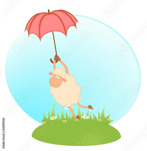 cartoon sheep sheep flies on an umbrella