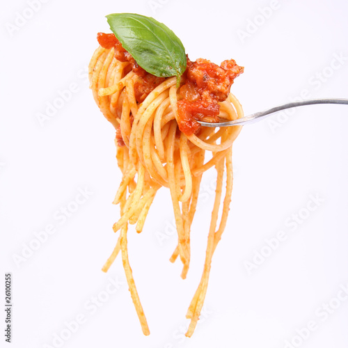 Spaghetti bolognese hanging on a fork