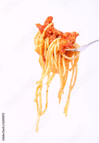 Spaghetti with bolognese sauce hanging on a fork