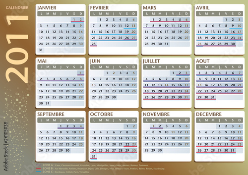 Calendrier 2011 français, fériés et vacances, vecteur