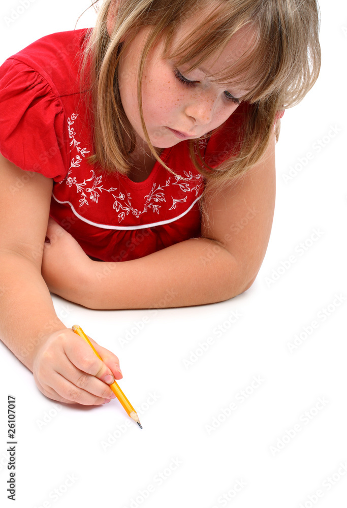 Small girl drawing something with a pencil isolated on white Small girl drawing something with a pencil isolated on white