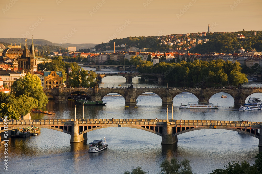 Bridges in Prague over the river Vltava at sunset