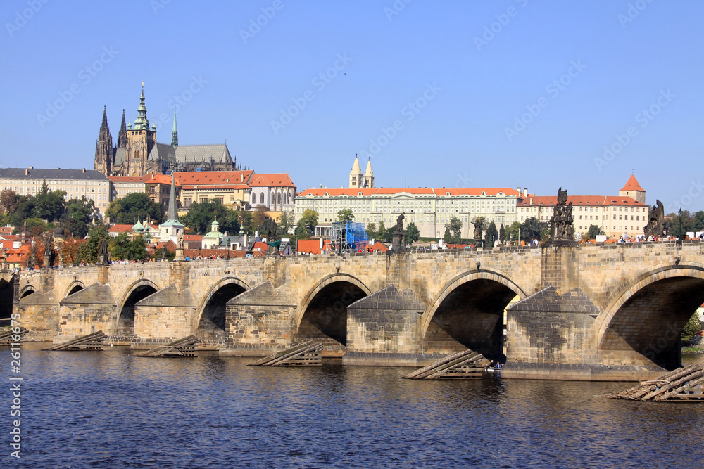 View on the autumn Prague gothic Castle with the Charles Bridge