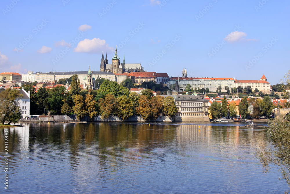 The View on autumn Prague gothic Castle above River Vltava