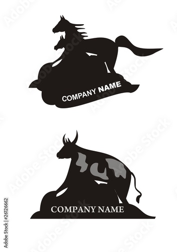 Two vector emblems of horses and a cow